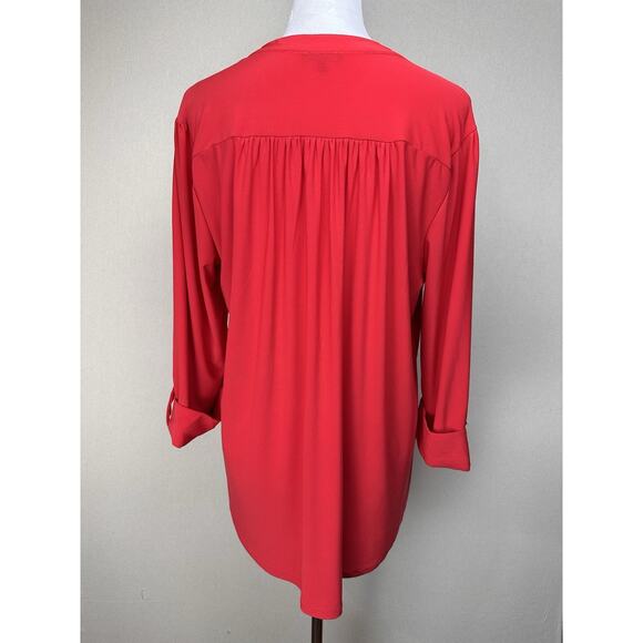 Ava & Grace Sz 1X Solid Red Stretch Knit Rolled Tab Popover Blouse Tunic Holiday - Picture 7 of 16